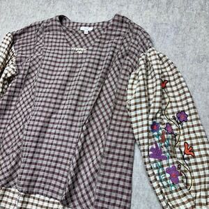 Easel Anthropology Los Angeles Boho Tan Gingham Embroidered Sleeve Top Womens Sm